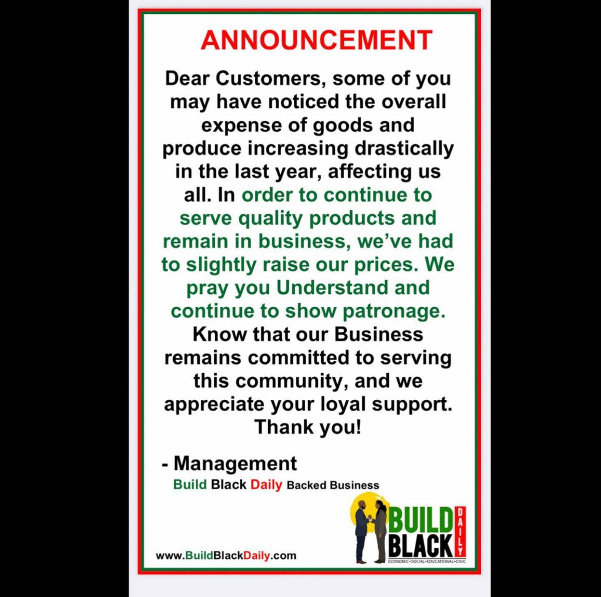 Build Black Daily Price Increase Sign